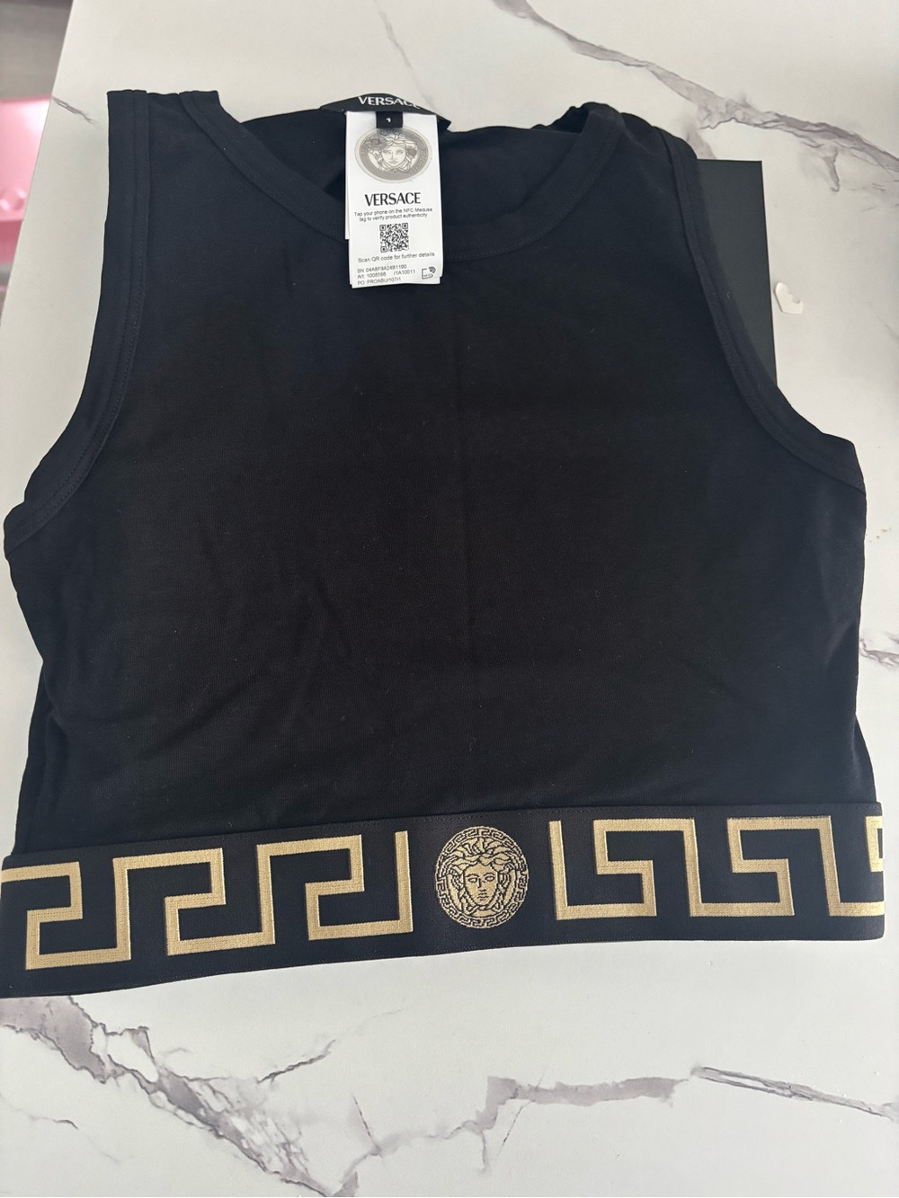 Versace Black Cropped Tank with Gold Greek Key Band